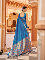 Dista Elora Royal Blue Soft Silk Kanjivaram Zari Jacquard Work Designer Saree, view 4