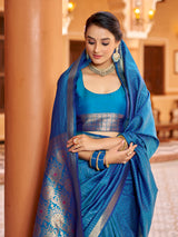 Dista Elora Royal Blue Soft Silk Kanjivaram Zari Jacquard Work Designer Saree, view 5