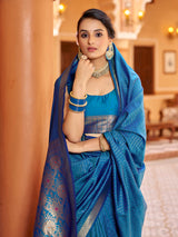 Dista Elora Royal Blue Soft Silk Kanjivaram Zari Jacquard Work Designer Saree, view 6