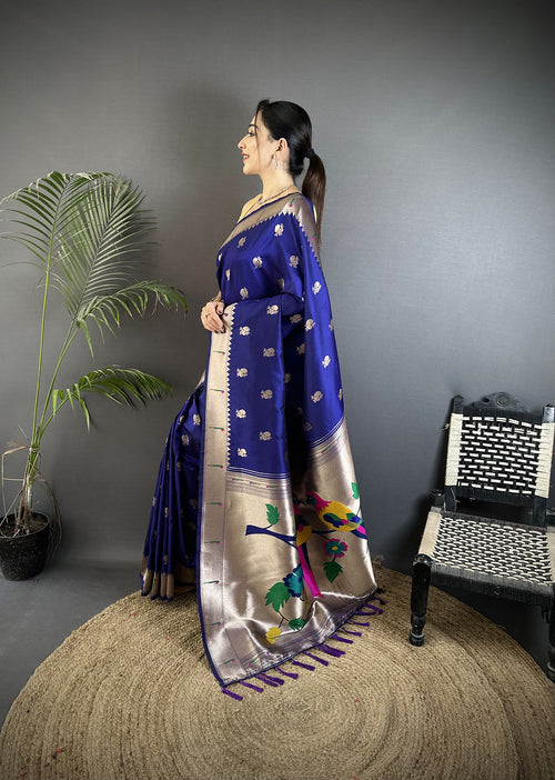 Dista Elora Royal Blue Soft Silk Peacock & Floral Zari Motifs Kanchipuram Saree
