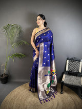Dista Elora Royal Blue Soft Silk Peacock & Floral Zari Motifs Kanchipuram Saree, view 2