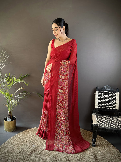 Dista Elora Royal Red Georgette Sequence Attractive Foil Print Fancy Georgette Saree