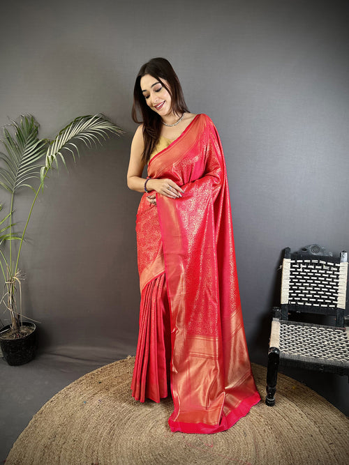 Dista Elora Ruby Pink Satin Silk Floral Motifs & Ethnic Silver Zari Design Kanchipuram Saree