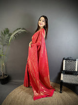 Dista Elora Ruby Pink Satin Silk Floral Motifs & Ethnic Silver Zari Design Kanchipuram Saree, view 2