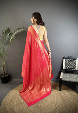 Dista Elora Ruby Pink Satin Silk Floral Motifs & Ethnic Silver Zari Design Kanchipuram Saree, view 3