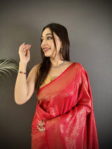 Dista Elora Ruby Pink Satin Silk Floral Motifs & Ethnic Silver Zari Design Kanchipuram Saree, view 4
