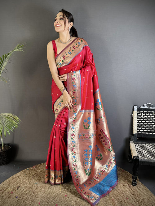 Dista Elora Ruby Red Lichi Silk Ikkat Floral Motifs Zari Woven Paithani Saree