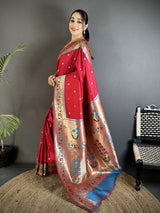 Dista Elora Ruby Red Lichi Silk Ikkat Floral Motifs Zari Woven Paithani Saree, view 2