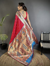 Dista Elora Ruby Red Lichi Silk Ikkat Floral Motifs Zari Woven Paithani Saree, view 3