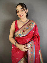 Dista Elora Ruby Red Lichi Silk Ikkat Floral Motifs Zari Woven Paithani Saree, view 4