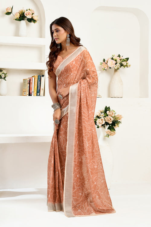 Dista Elora Rust Brown Linen Floral Printed Ready to Wear Saree