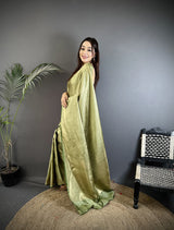 Dista Elora Sage Green Satin Silk Floral Motifs & Ethnic Silver Zari Design Kanchipuram Saree, view 2