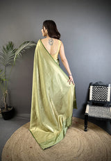 Dista Elora Sage Green Satin Silk Floral Motifs & Ethnic Silver Zari Design Kanchipuram Saree, view 3