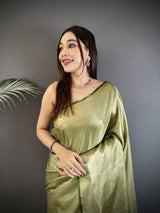 Dista Elora Sage Green Satin Silk Floral Motifs & Ethnic Silver Zari Design Kanchipuram Saree, view 4