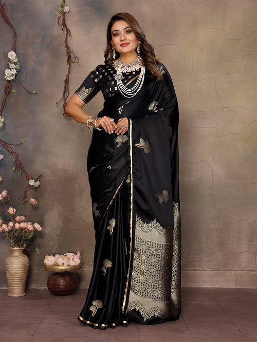 Dista Elora Satin Silk Floral Motifs Zari Weaving Banarasi Saree(Black