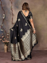 Dista Elora Satin Silk Floral Motifs Zari Weaving Banarasi Saree(Black, view 2