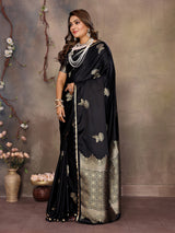 Dista Elora Satin Silk Floral Motifs Zari Weaving Banarasi Saree(Black, view 3