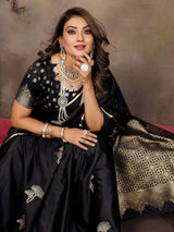 Dista Elora Satin Silk Floral Motifs Zari Weaving Banarasi Saree(Black, view 4