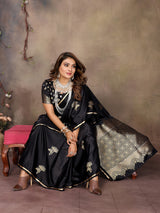 Dista Elora Satin Silk Floral Motifs Zari Weaving Banarasi Saree(Black, view 5