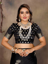 Dista Elora Satin Silk Floral Motifs Zari Weaving Banarasi Saree(Black, view 6