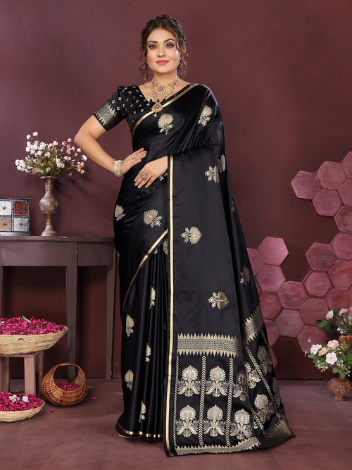 Dista Elora Satin Silk Floral Motifs Zari Weaving Banarasi Saree(Black
