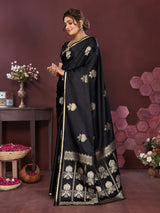 Dista Elora Satin Silk Floral Motifs Zari Weaving Banarasi Saree(Black, view 2