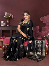 Dista Elora Satin Silk Floral Motifs Zari Weaving Banarasi Saree(Black, view 3