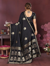 Dista Elora Satin Silk Floral Motifs Zari Weaving Banarasi Saree(Black, view 4