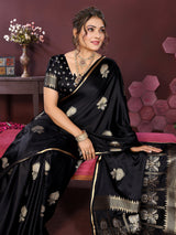 Dista Elora Satin Silk Floral Motifs Zari Weaving Banarasi Saree(Black, view 5