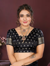 Dista Elora Satin Silk Floral Motifs Zari Weaving Banarasi Saree(Black, view 6