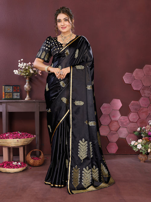 Dista Elora Satin Silk Floral Motifs Zari Weaving Banarasi Saree(Black