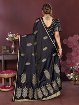 Dista Elora Satin Silk Floral Motifs Zari Weaving Banarasi Saree(Black, view 2