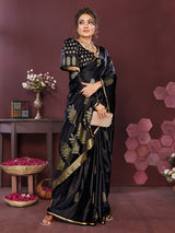 Dista Elora Satin Silk Floral Motifs Zari Weaving Banarasi Saree(Black, view 3