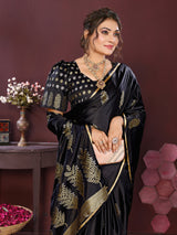 Dista Elora Satin Silk Floral Motifs Zari Weaving Banarasi Saree(Black, view 4