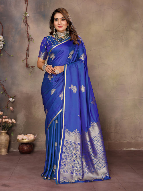 Dista Elora Satin Silk Floral Motifs Zari Weaving Banarasi Saree(Blue