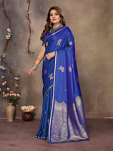 Dista Elora Satin Silk Floral Motifs Zari Weaving Banarasi Saree(Blue, view 2