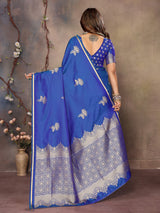 Dista Elora Satin Silk Floral Motifs Zari Weaving Banarasi Saree(Blue, view 3