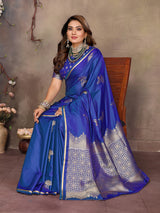Dista Elora Satin Silk Floral Motifs Zari Weaving Banarasi Saree(Blue, view 4