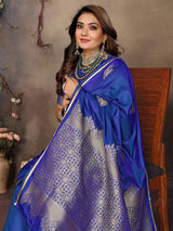 Dista Elora Satin Silk Floral Motifs Zari Weaving Banarasi Saree(Blue, view 5