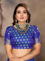 Dista Elora Satin Silk Floral Motifs Zari Weaving Banarasi Saree(Blue, view 6
