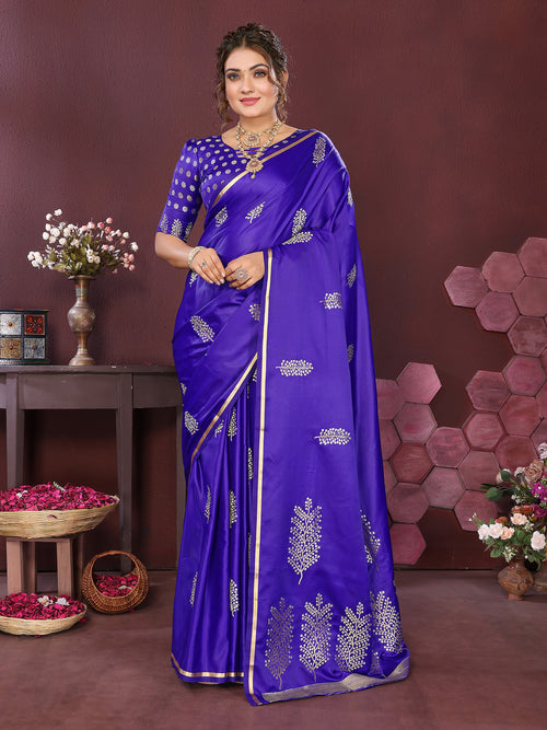 Dista Elora Satin Silk Floral Motifs Zari Weaving Banarasi Saree(Deep blue