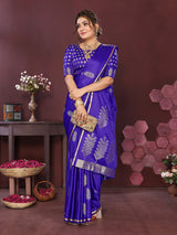 Dista Elora Satin Silk Floral Motifs Zari Weaving Banarasi Saree(Deep blue, view 3
