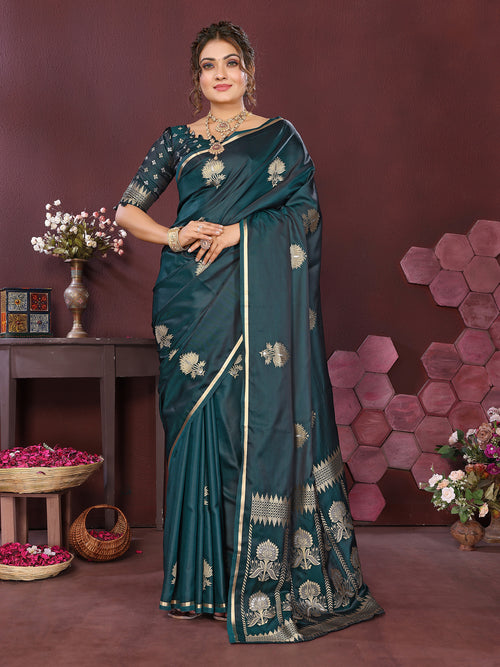 Dista Elora Satin Silk Floral Motifs Zari Weaving Banarasi Saree(Emerald green