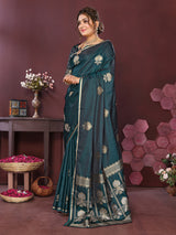 Dista Elora Satin Silk Floral Motifs Zari Weaving Banarasi Saree(Emerald green, view 2