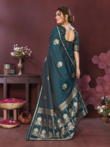 Dista Elora Satin Silk Floral Motifs Zari Weaving Banarasi Saree(Emerald green, view 3