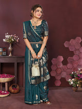 Dista Elora Satin Silk Floral Motifs Zari Weaving Banarasi Saree(Emerald green, view 4