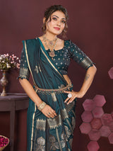 Dista Elora Satin Silk Floral Motifs Zari Weaving Banarasi Saree(Emerald green, view 6