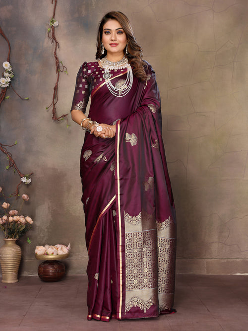 Dista Elora Satin Silk Floral Motifs Zari Weaving Banarasi Saree(Maroon