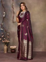 Dista Elora Satin Silk Floral Motifs Zari Weaving Banarasi Saree(Maroon, view 2