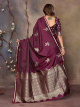 Dista Elora Satin Silk Floral Motifs Zari Weaving Banarasi Saree(Maroon, view 3